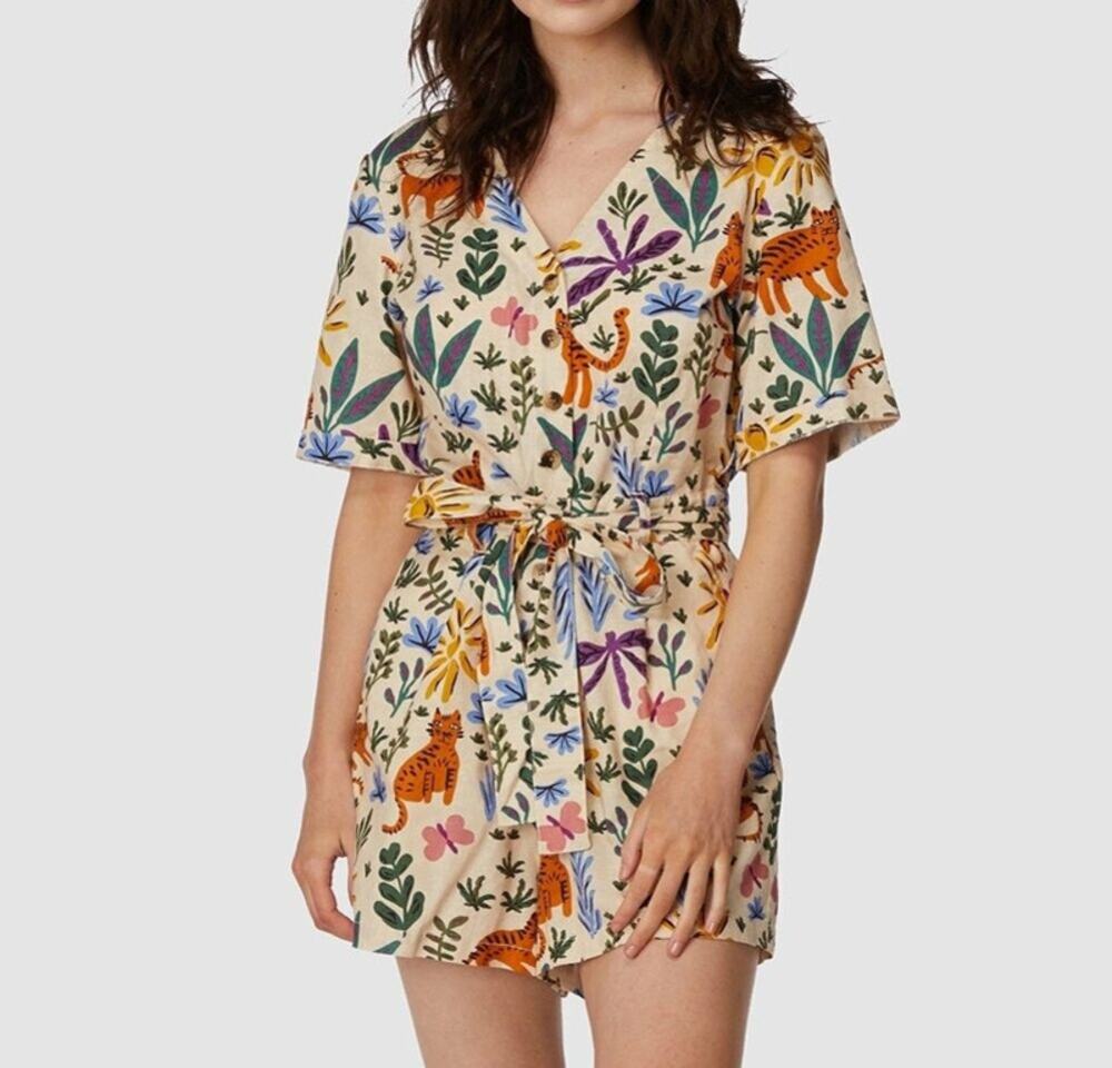 Princess Highway Tiger Botanical Print Button Front Romper Multi 10